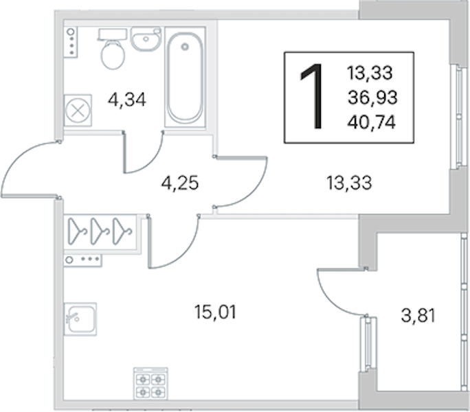 1-комнатная квартира 36.93 м², 1/4 эт., ЖК «Любоград в Стрельне»